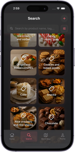 Search Features showing product categories like ice cream, candy, and snacks
