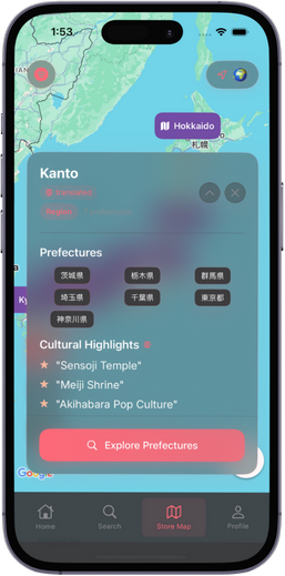 Map-based Discovery Feature showing Kanto region with prefectures